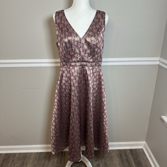 Modcloth That's My Gala Fit And Flare Pink Dots Dress 12 Metallic Party Holiday - Picture 2 of 13